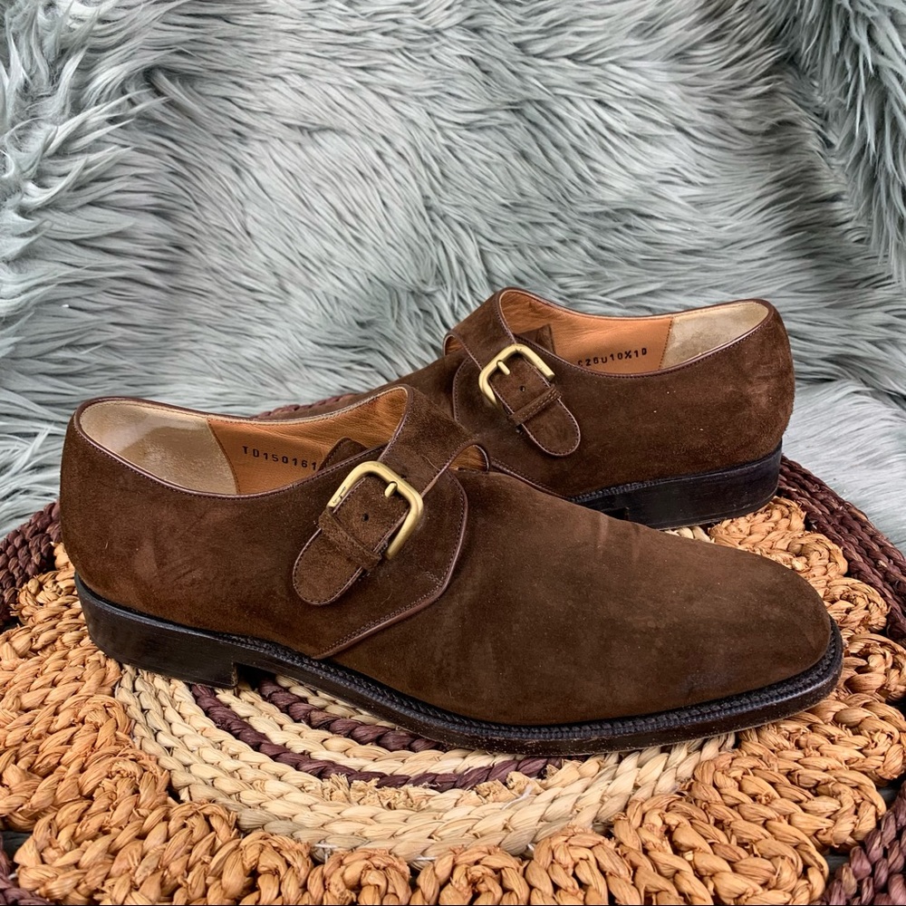 Salvatore Ferragamo Sz 10.5 Wide Mens Brown Suede Leather Monk Strap Loafers